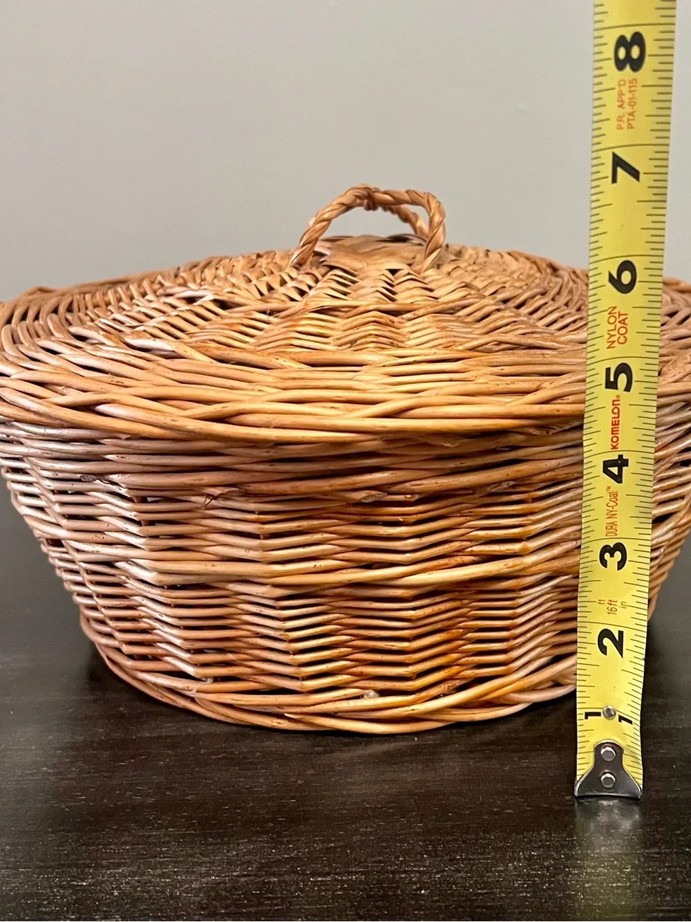 VTG Hand Woven Willow Sewing Basket Lidded Round Maroon Liner Remnants 12” Boho